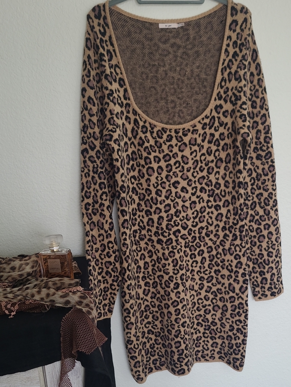 Leopard Print Sweater Dress " Mi ami" Brand. Scoop Neck Dress in Tan and Black